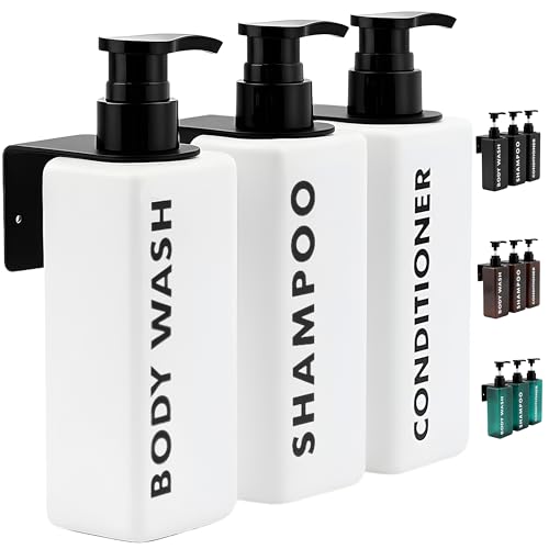 FCINNOVA Dispensador Gel y Champu Ducha Blanco Mate 500ml | Set 3 Botes para Gel y Champu + Acondicionador + Embudo Rellenado + 3 colgadores Pared | Dispensador Jabon Baño Pared Elegante y Sostenible