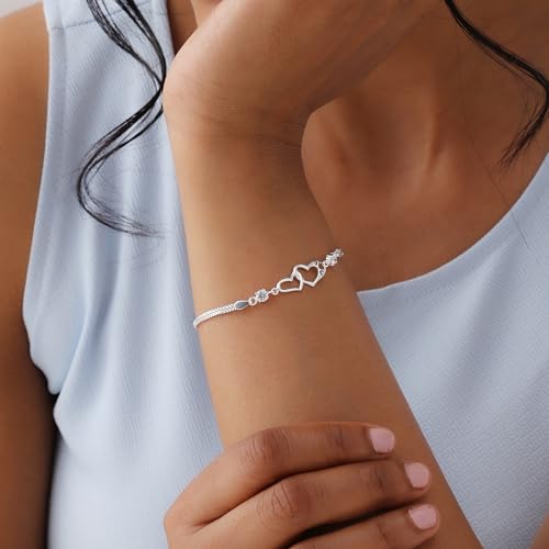 Image of TRUESILVER ACPL 925 Sterling Silver Bracelet for Women & Girls | BIS Hallmarked Cubic Zirconia Mother of Pearl Heart & Circle Bracelets Gift for Wedding Anniversary Birthday