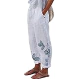 Women's Boho Floral Cotton Linen Baggy Casual Loose Pants Summer High Waist Beach Vacation Trousers with Pockets