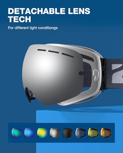 Image of ZIONOR X Ski Snowboard Snow Goggles OTG Design for Men Women Adult with Spherical Detachable Lens UV Protection Anti-fog (VLT 9% Grey Frame Silver Lens)