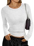 Trendy Queen Womens Long Sleeve T-Shirts Basic Crop Tops 2025 Fall Fashion Outfits Going Out Winter Clothes Oatmeal Grey M