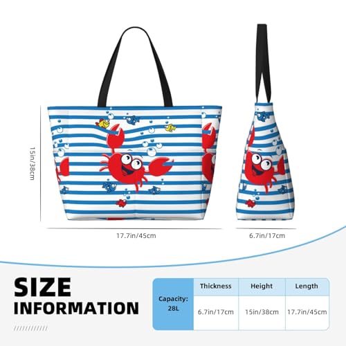 Red Funny Crab On Blue Stripe For Beach Bag For Women Large Beach Tote Bag Waterproof Sandproof Swim Bag With Zipper Pockets Beach Vacation Travel3