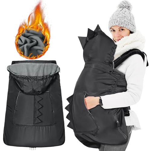 Orzbow Universal Cobertor Lluvia Porteo,Impermeable Protector Mochila Porteo con Capucha con Cordón Extraíble,Cremalleras y Bolsillos,Forro Polar Cálido (Dinosaurio,Negro)