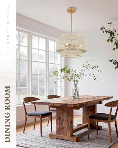 Image of 24 inch Large Boho Rattan Chandelier, 3-Tier White Hand-Woven Shade | 6-Light Gold Dining Room Light Fixture, Pendant Lights for Living Room Bedroom, Adjustable Height, AD-25050-6P-WH