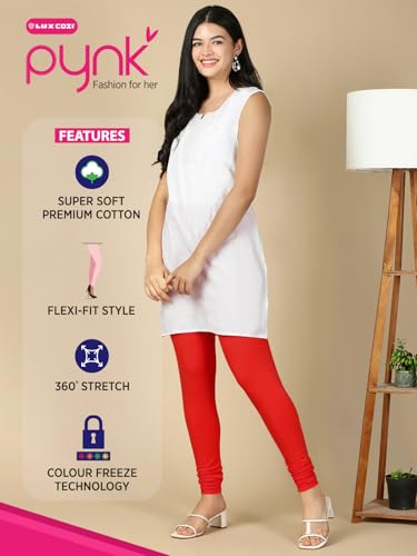 Image of Lux Cozi PYNK Solid Premium Cotton Lycra Churidar Leggings for Women | Regular Fit Elastic Waist Full Length Women Leggings | Free Size