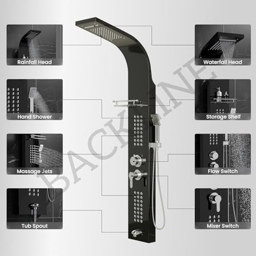 Image of Backline SS304 6 In 1 Shower Panels for Bathroom /Dual Flow Overhead Waterfall & Rainfall Shower /Hand Shower /Hot & Cold Water Mixer /Built-in Shelf for Shampoo Storage /Shower Panel (Black Glossy)