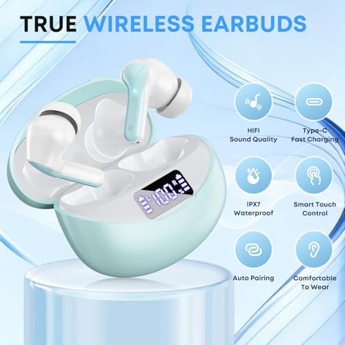 Image of Wireless Earbuds, 50H Playback LED Digital Display Ear Buds with Bluetooth 5.3 Headset, IPX7 Waterproof Earphones for Running /Workout Light Green