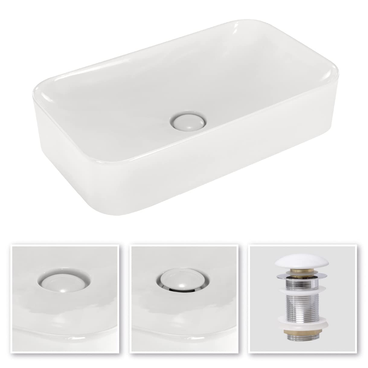 Lavabo sobre Encimera Rectangular en Ceramica Brillante CHIENTI | 60x35x13.5 cm | Incluye Tapon "Pop Up" con Valvula de Desague Click Clack | Sin Taladro Grifo | Color Blanco