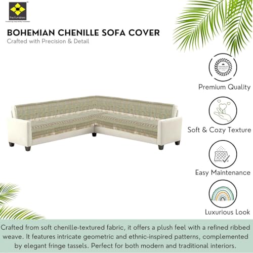 Image of Elegant Woven Green Sofa Cover - Soft Chenille Traditional Pattern with Lace Style | L-Shape Sectional Seat Protector for Living Room | Durable & Stylish Slipcover 6 Seater L Shape