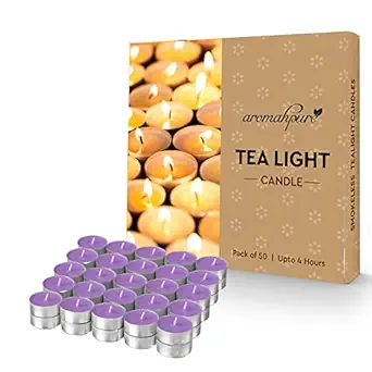 Aromahpure Scented Decorative Tealight Candles | Soy Wax Tealight Candle | 10 gm, 50 Pcs| Joyful Lavender Smokeless Candles | 4 Hours Burning Time Guaranteed | for Home Decoration & Celebration