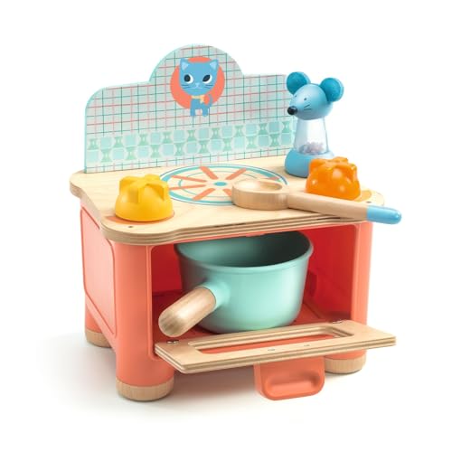 DJECO - Kitten Stove Playset for Toddlers - Role Play - Ages 18 Months and Up - Pretend Cooking in Play Kitchen - Compact and Portable - Includes Cooker, Saucepan, Spoon, Salt Shaker