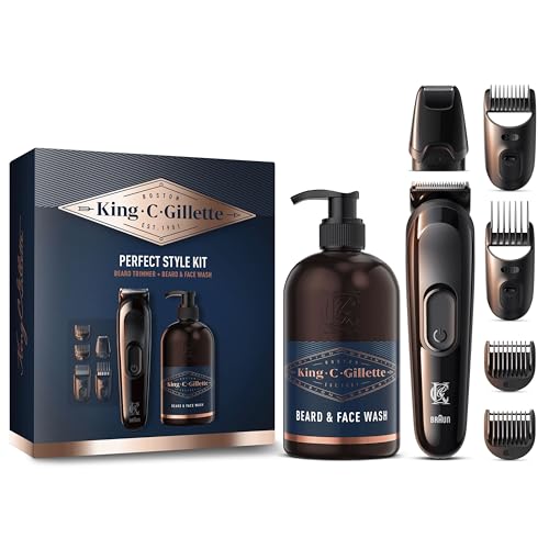 King C.Gillette Coffret cadeau style parfait pour homme pour un rasage de barbe rapide et facile, avec 1 tondeuse à barbe électrique et 4 différents sabots...