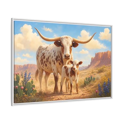 Tableau longhorn marron et blanc de qualité premium avec cadre de 3cm
