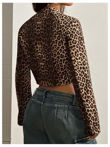 MakeMeChic Women's Leopard Print Zipper Bomber Long Sleeve Cropped Jacket2