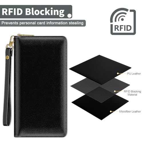 Image of Nipichsha Womens Wallet, RFID Wristlet Wallet for Women, Cute Ladies Purse, Large Credit Card Clutch Purse, Leather Card Holder Wallets with Zipper & Phone Holder, Black