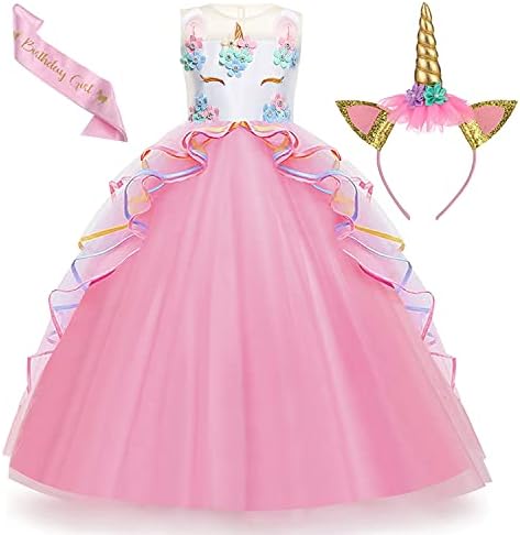 Chektin Unicorn Dress for Girls Unicorn Costume Pageant Princess Party Birthday Long Maxi Gown with Unicorn Headband & Satin Sash (Pink, 130 6-7 Years)