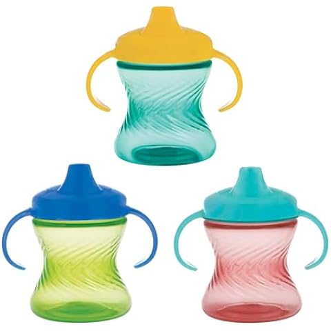 Nuby 2-Handle No-Spill Hard Spout Sippy Cup with Easy Grip - (3-Pack) 7 oz - Baby Sippy Cup with Controlled Sipping for 6+ Months - Green/Aqua/Red