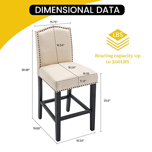 Kcc Counter Height Bar Stool 26 Inches Upholstered High Back Barstool With Antique Nail Heads Solid Wood Set Of 2 Counter Height Bar Chairs,Beige #TOP1