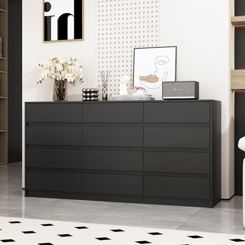 Image of Homsee 12 Drawers Double Dresser, Modern Wood Dresser Chest of Drawers with Large Storage Space for Bedroom, Black (63”L x 15.7”D x 31.9”H)