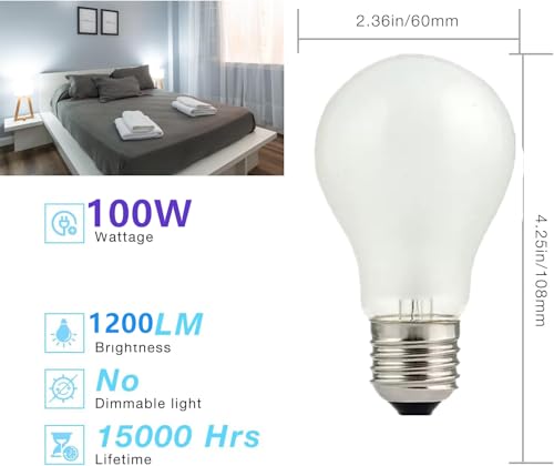RESISPA 100W Incandescent Light Bulbs,Frosted Bulbs,Dimmable Medium E26 Base Light Bulbs,A19 Incandescent Light Bulb,2700K Warm White, for Fridge, Range Hood, Sewing Machine, Freezer Ceiling Fan (2) - Thumbnail 2
