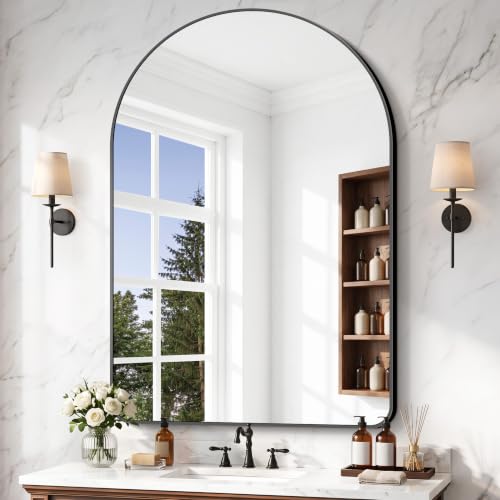 Image of BONEWEI Arched Wall Mirror,55x40 inch Black Arched Mirror Bathroom,Large Vanity Mirror for Over Sink Metal Frame,Tempered Glass Arch Mirrors for Bedroom,Entryway,Living Room,Home Decor Shatter-Proof