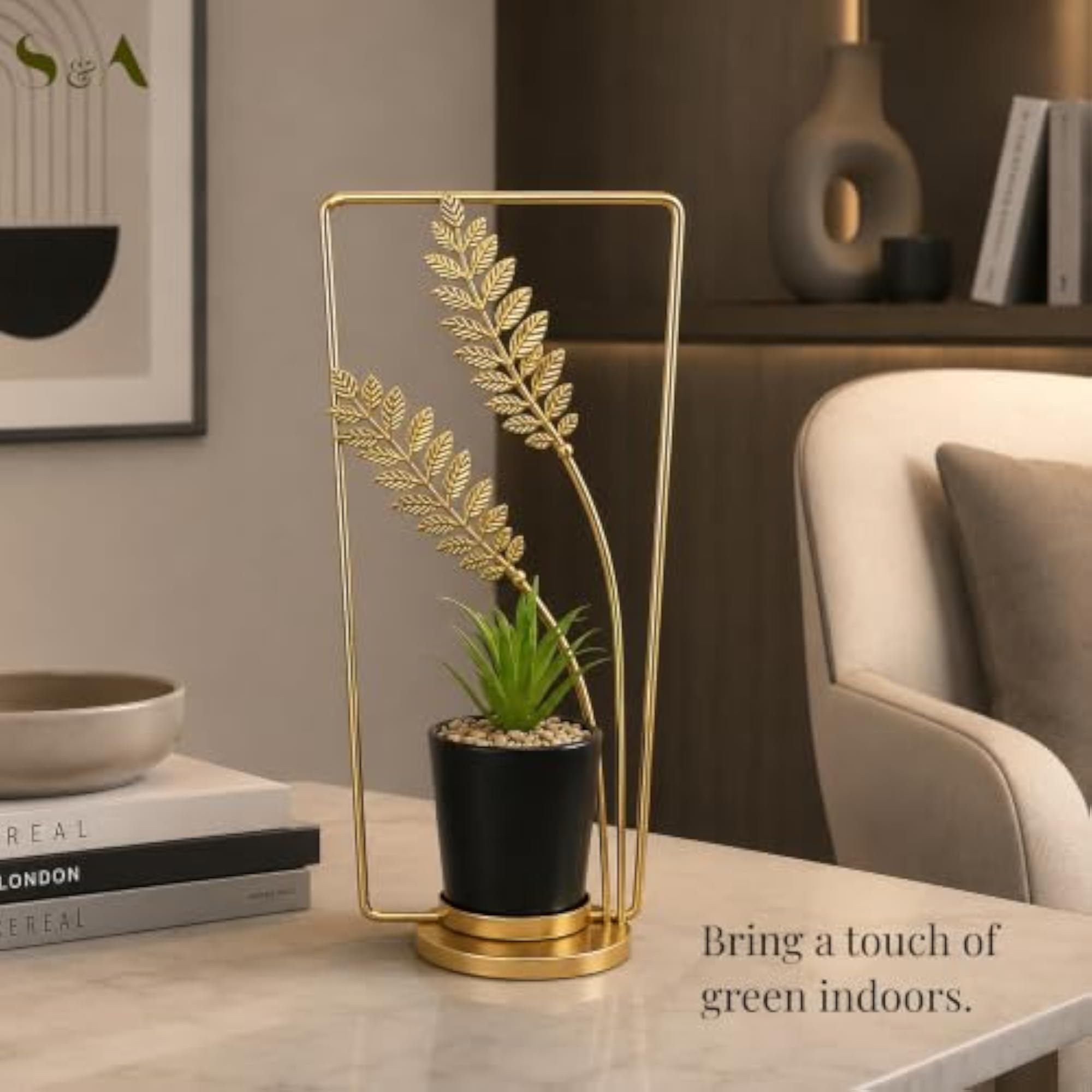 Artificial Plant in Black Pot with Gold Metal Frame