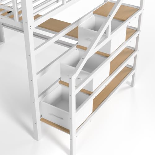 Image of Bellemave Full loft Bed with Movable Desk and Storage Stairs, Shelves, Metal Loft Beds with LED Lights, USB Ports, Multifunctional Iron Nets for Adults, Kids, Teens, White