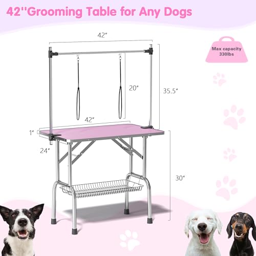 Image of Lyromix 42'' Stainless Steel Pet Dog Grooming Table, Arm /Noose /Tray, Pink