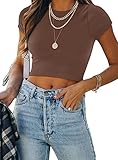 REORIA Women's Summer Cute Short Sleeve High Neck Double Lined Tight Casual Basic T Shirts Yoga Crop Tops Tees Coffee Large