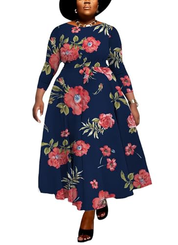 Image of Hostoyo Women Plus Size Formal A Line Maxi Dress Self Tie Waist with Pockets Elegant Round Neck Swing Long Dresses