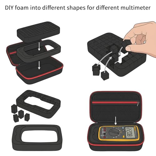 Image of Case Compatible for Fluke 17B+ /15B+ / 17B / 15B / /177 /179 / 113 /114 / 115 /116 / 117 /87V / 88V / 101 Digital Multimeter, Protective Travel Storage Bag with Detachable DIY Foam (Box Only) (Black+Red Zipper)