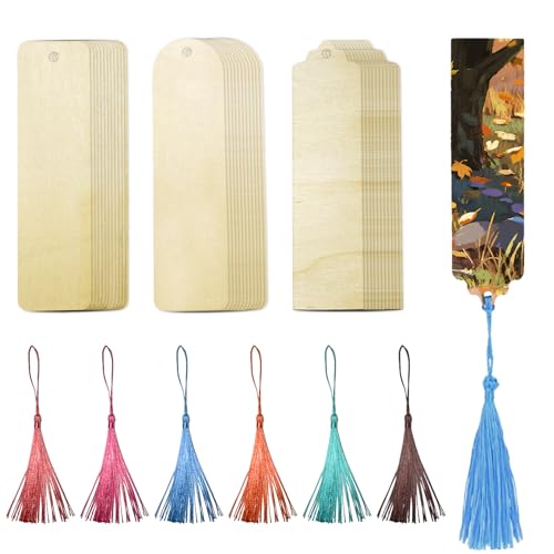36 Stuck Unfertiges Holz Lesezeichens, Blanko Lesezeichen Basteln, Geschenk Tags mit Quasten, mit 6 Farben Quasten zum Basteln & Beschriften für DIY Lesezeichen Handwerk Geschenke Tag 3.2 ×12 CM
