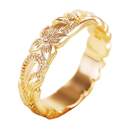 BlingNook Dainty Chunky Gold Flower Ring For Women, 14k Carving Process Engraved Plumeria Stackable Pinky Thumb Rings Wedding Promise Engagement Couples Men Jewelry Gift (Gold Flower, 8)