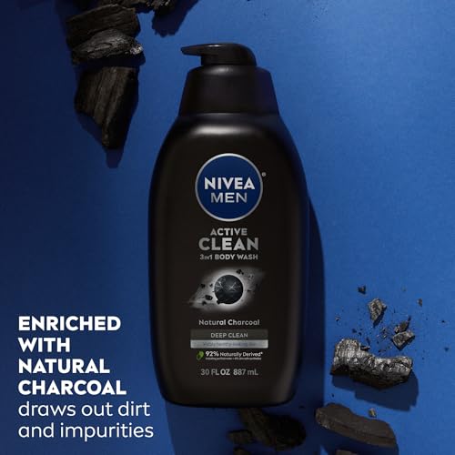 NIVEA Men Active Clean Body Wash with Natural Charcoal for Normal to Oily Skin, 3-in-1 Charcoal Body Wash, Face and Hair, Draws Out Dirt and Impurities, 30 Fl Oz Bottle Detail