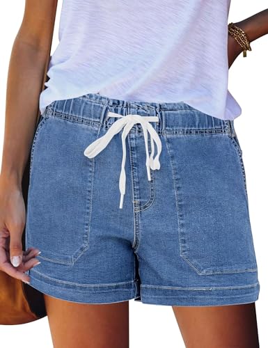 FEKOAFE Jean Shorts for Women 2026 Casual Drawstring Elastic Waist Casual Stretch Denim Jean Shorts with Pockets for Summer Blue Medium