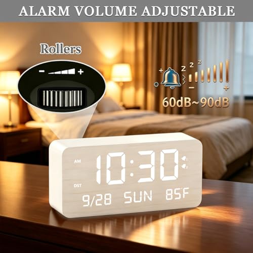 Wooden Digital Alarm Clock for Bedroom Desk Clock with Date, Day of Week, Temperature, Dual Alarms, Dimmer, USB Port Charge, DST, Adjustable Volume for Living Room/Office Wood Decor (White) - Image 5