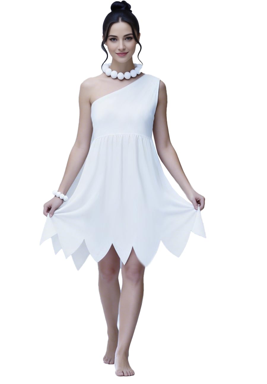 GOLDSTITCH Halloween Costueme One Shoulder White Dress with Necklace for Theme Party for adult halloween cosplay outfit