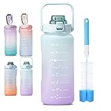 Trinkflasche Sport 2 L Motivierende Wasserflasche mit Zeitangaben und Strohhalme für Kinder, Sport, Fitness, Fahrrad, Fußball, Outdoor Picknick, mit Reinigungsbürste(blau-violetter Farbverlauf)