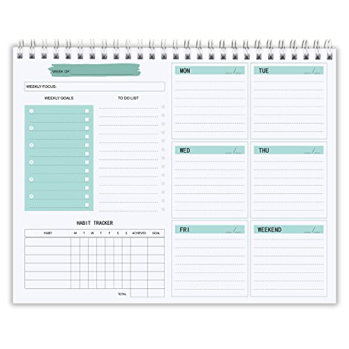 Weekly Planner - Top Spiral Notebook, 52 Undated Weekly Planner with Weekly Goals, To Do List, Habit tracker,Weekly & Daily Organizer, 9.5 x 7.8 inches (Green)