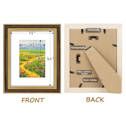 Image of Golden State Art,8x10 Ornate Picture Frame Holds 5x7 Photo,Brown Gold | Includes real glass front,white mat,easel stand,build-in hangers and buttons.Displays 5x7 photo on wall or tabletop