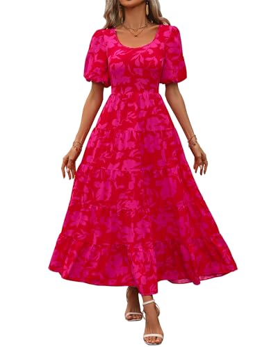 Image of BTFBM Casual Women Summer Dresses 2024 Puff Sleeve Floral Maxi Dresses Smocked Backless Flowy Tiered Beach Long Dress