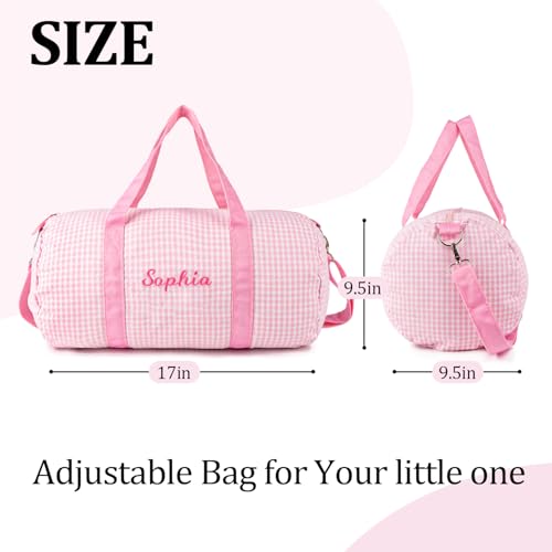 MT WORLD Girls Dance Bag Personalized Duffle Bags for Kids Monogram Seersucker Toddler Overnight Bag Travel Weekender Sleepover Bag with Removable Strap Custom Child Gift (Pink)3