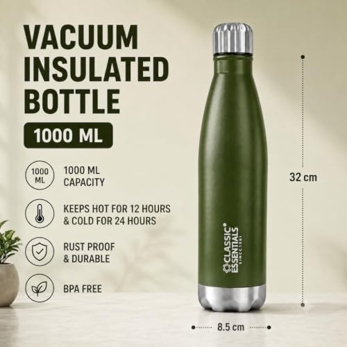 Image of Classic Essentials Insulated Double Wall Stainless Steel Water Bottle 1000 ML | 12 Hours Hot & 24 Hours Cold | Vacuum Insulated, Leakproof Bottle for Home, Office, Gym & Travel (Military Green)