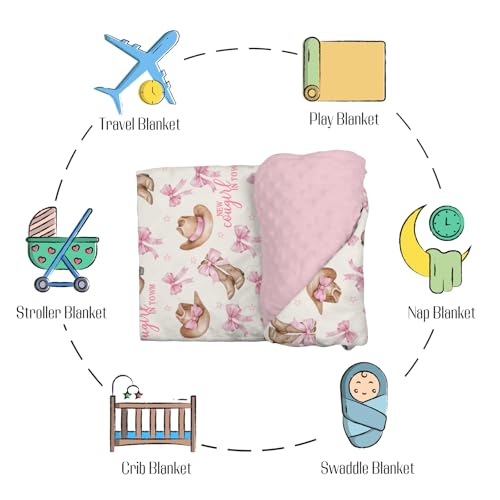 Image of Mink Baby Girl Blanket Western New Cowgirl in Town, Pink Bow Ribbon Boot Hat Soft Double Layer Dotted Backing Receiving Swaddle, Newborn Infant Toddler Nursery Crib Bedding Shower Gift 30 x 40