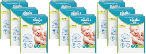 Image of Amazon Brand - Supples Premium Baby Diaper Pants | 186 Baby Diapers | Large | 9-14 Kg | 12 Hrs Absorption | Cushiony Cotton Soft Fabric | Phthalates-Free | Triple Leak Guard | 62 Count, Pack of 9