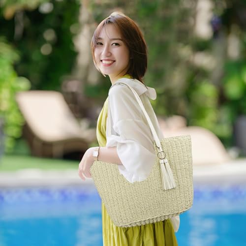 Image of Womens Large Straw Tote Bag Handmade Woven Shoulder Handbag Summer Beach Purse with Tassel