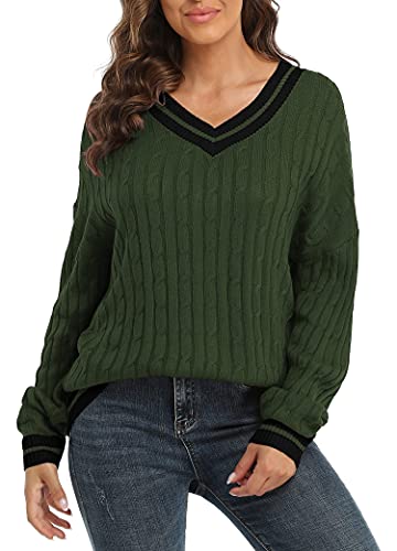 Viishow Women's Long Sweater V Neck Knit Tunic Sweater Tops,Contrast Army Green,Xx-Large #TOP1
