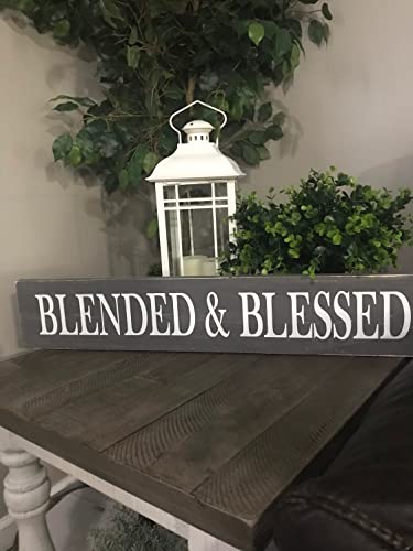 Image of Blended and Blessed sign, blended family, wood sign, distressed, farmhouse, Gallery wall, horizontal sign, white, gray, black Wooden Signs With Sayings 16x4 InchWood Signs
