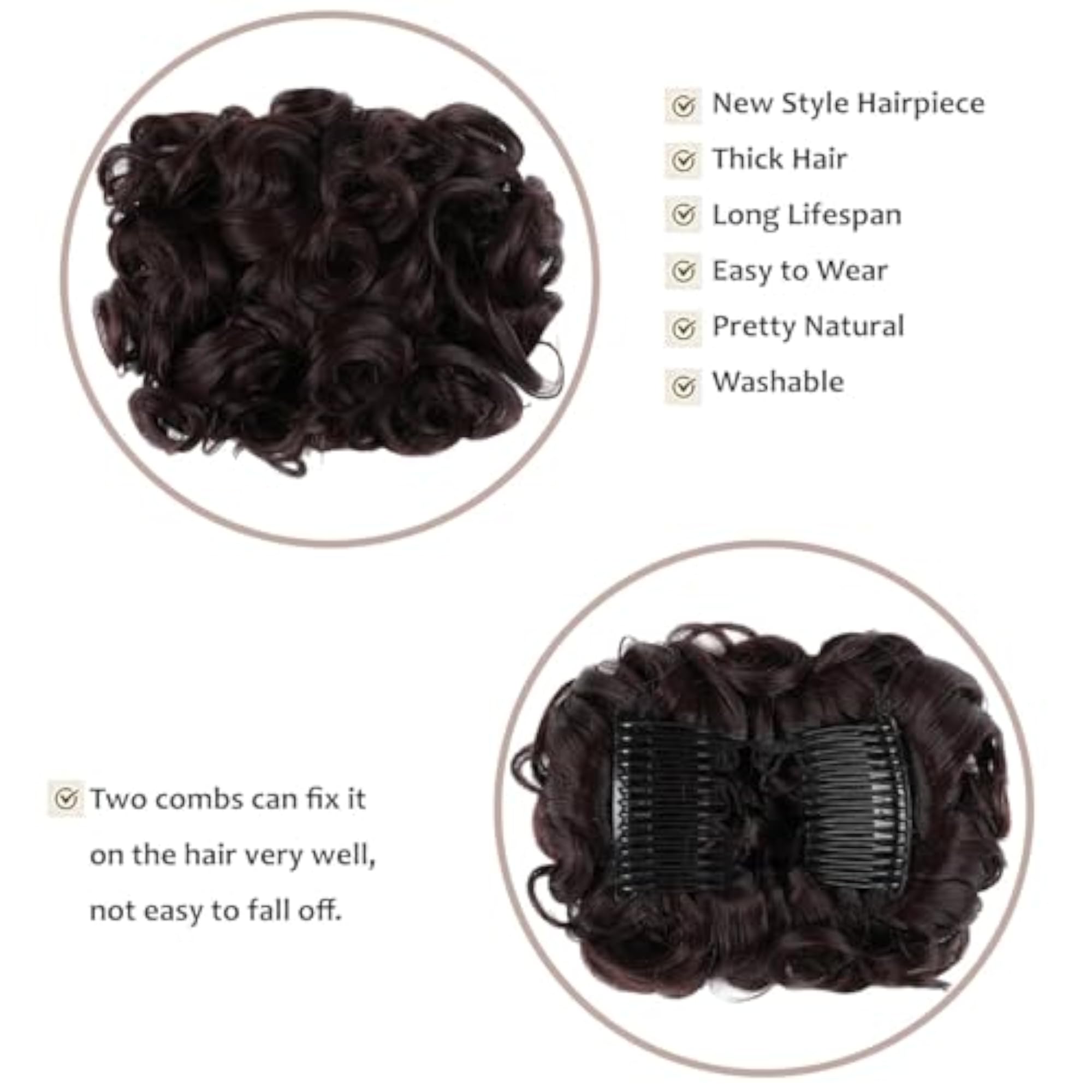 Women's Short Double Combs Messy Curly Wavy Extensions Bun Piece, Brown