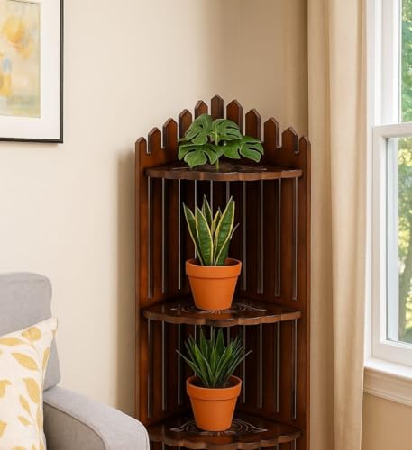 Wooden Corner Plant Stand, 3-Tier Indoor Display Shelf, Walnut Brown, Space-Saving Plant Rack for Living Room, Balcony & Bedroom - Image 4